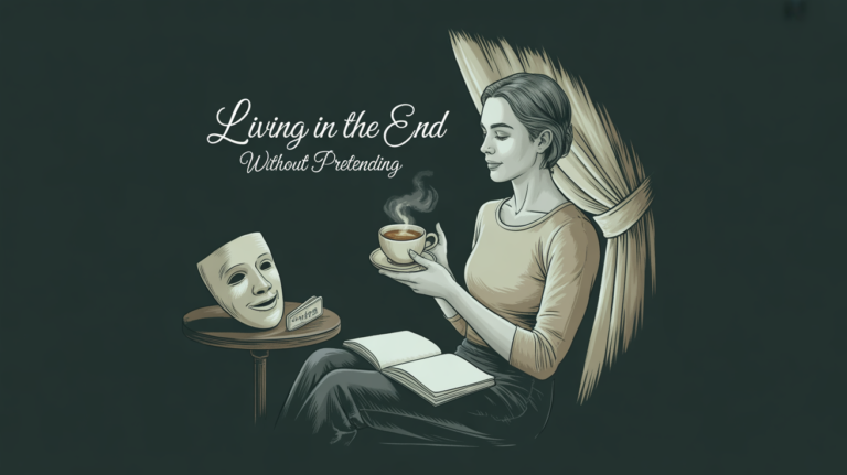 A calm person journaling by a sunlit window with a theater mask set aside.