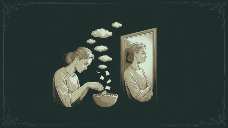 Person sorting thoughts beside a glowing doorway symbolizing mental diet and living in the end.