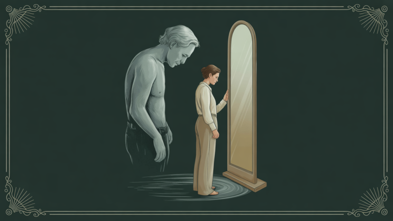 A person turning from a faded old reflection in a mirror toward a softly lit doorway.
