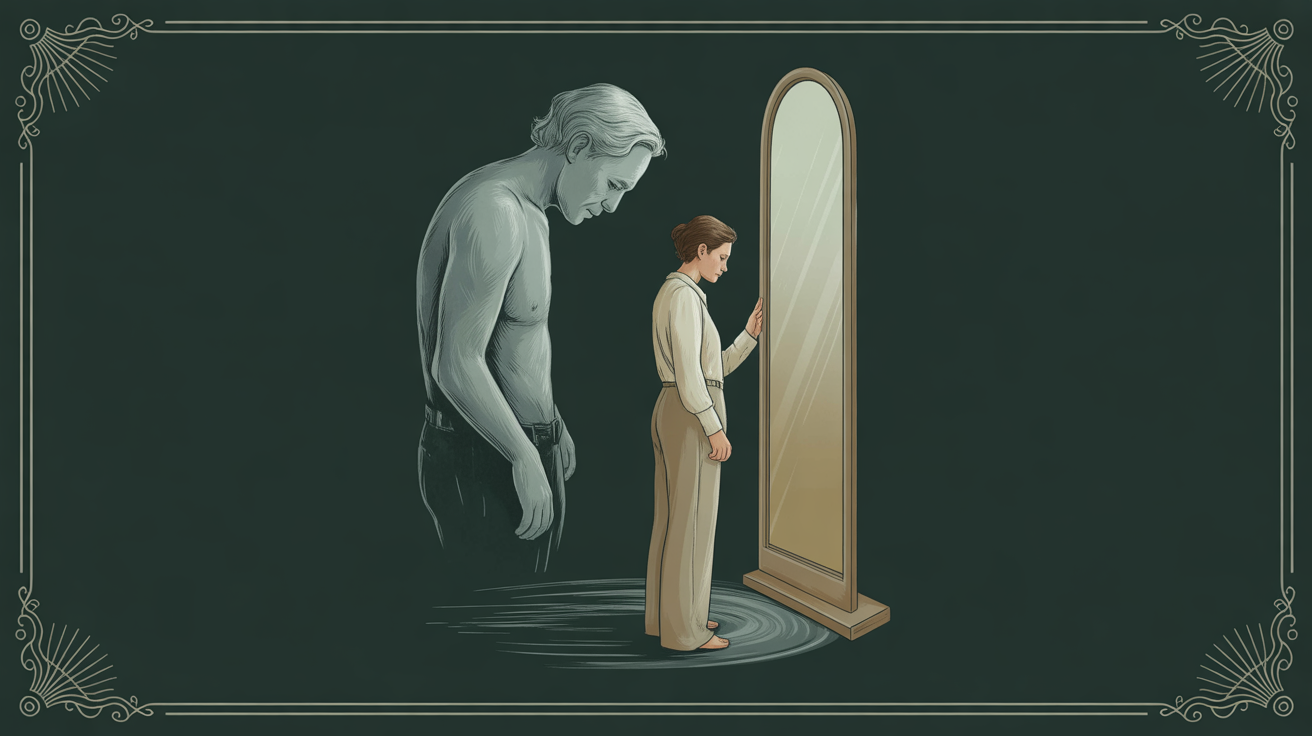 A person turning from a faded old reflection in a mirror toward a softly lit doorway.