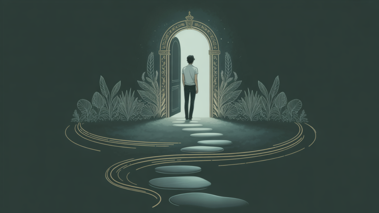 A person standing by a glowing doorway as a path forms from the light behind them.