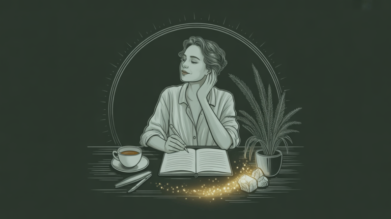 A calm person journaling by a sunlit window with tea, suggesting a desire becoming natural and familiar.