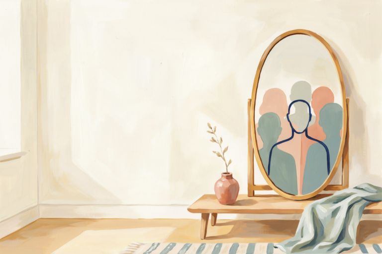 Symbolic gouache illustration of faceless reflected figures in a mirror, suggesting EIYPO as reflection rather than control.