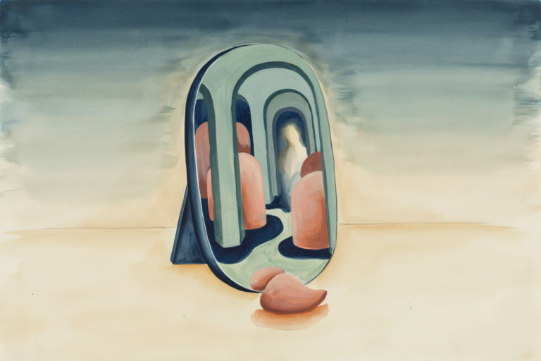 Symbolic gouache mirror reflecting an inner room and a faceless figure.