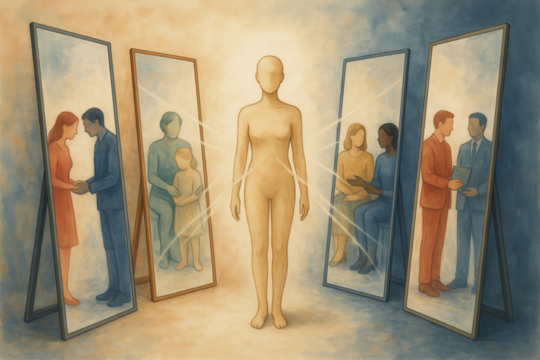 A faceless figure reflected in four symbolic mirrors representing love, family, friendship, and work.