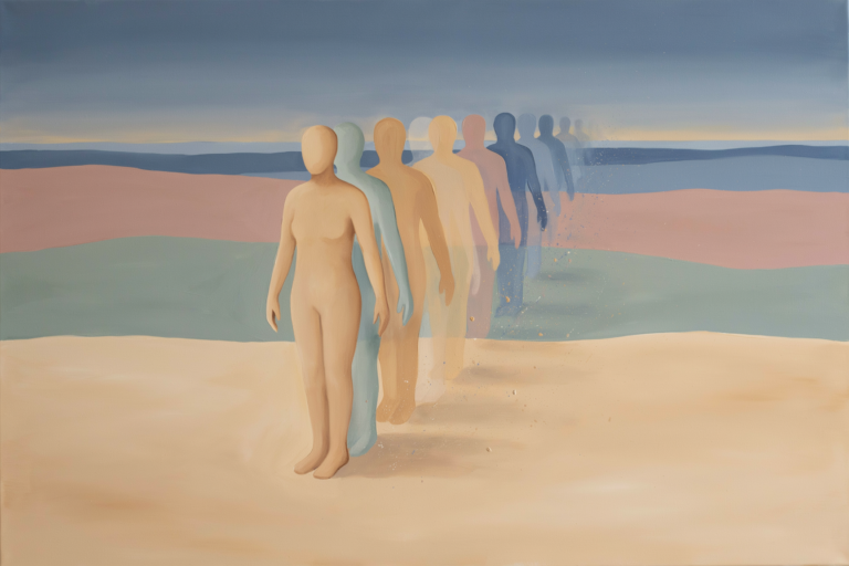 Symbolic gouache illustration of a faceless figure with faint silhouettes unfolding outward, representing everyone is you pushed out.