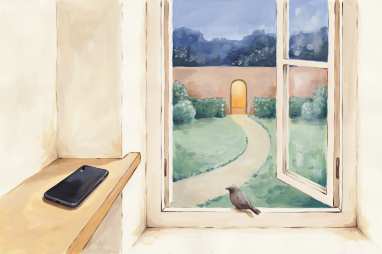 A face-down phone beside an open window overlooking a calm garden path and lit doorway.