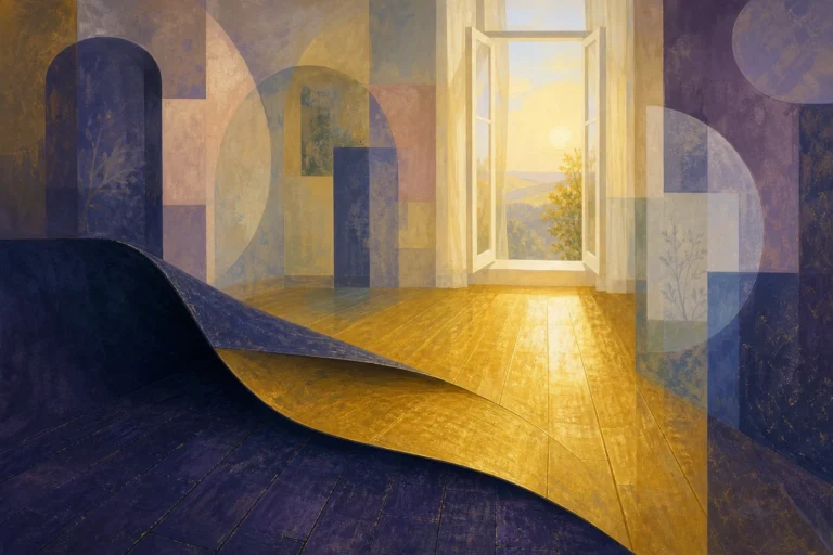 Symbolic gouache illustration of an old floor lifting to reveal a new golden path toward an open window.