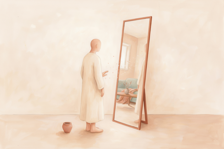 A faceless figure in a plain room facing a mirror whose reflection already lives in a warmer, fuller room, symbolizing assuming a state rather than attracting it from a distance.