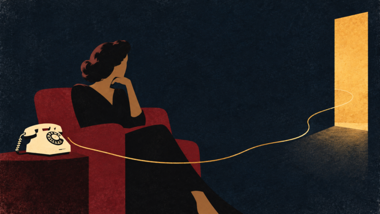 A 1950s-style painted woman sits beside a silent rotary telephone as a thin golden cord leads toward a glowing doorway.